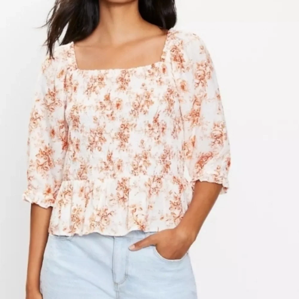 LOFT Orange Smocked Floral Peplum Blouse Puff Sleeve Cottagecore Resort Retro